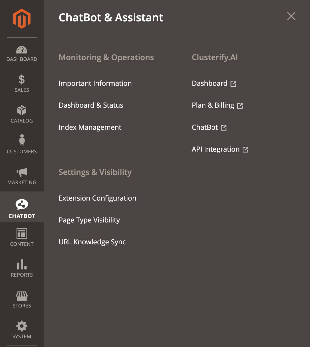 Magento 2 Chatbot Extension Admin Sidebar Navigation Menu Drawer showing Monitoring & Operations, Settings & Visibility, and Clusterify.AI links