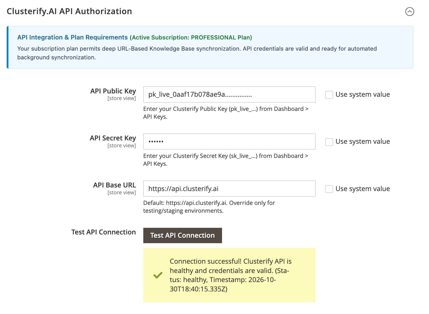 Magento 2 Clusterify.AI API Authorization Configuration with Public Key, Secret Key, Base URL, and Test API Connection success banner