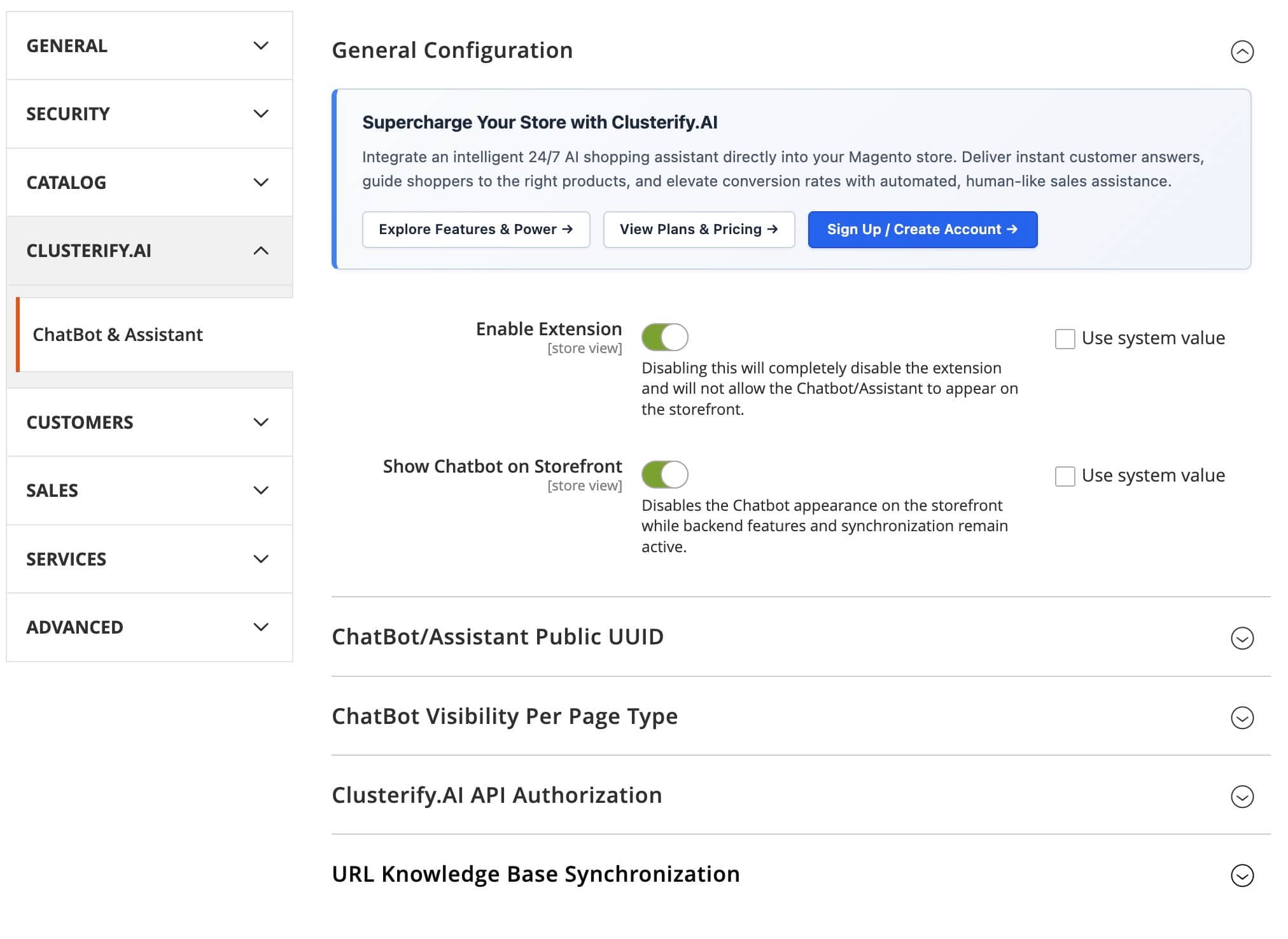 Magento 2 Chatbot Configuration General Settings showing Enable Extension and Show Chatbot on Storefront switches