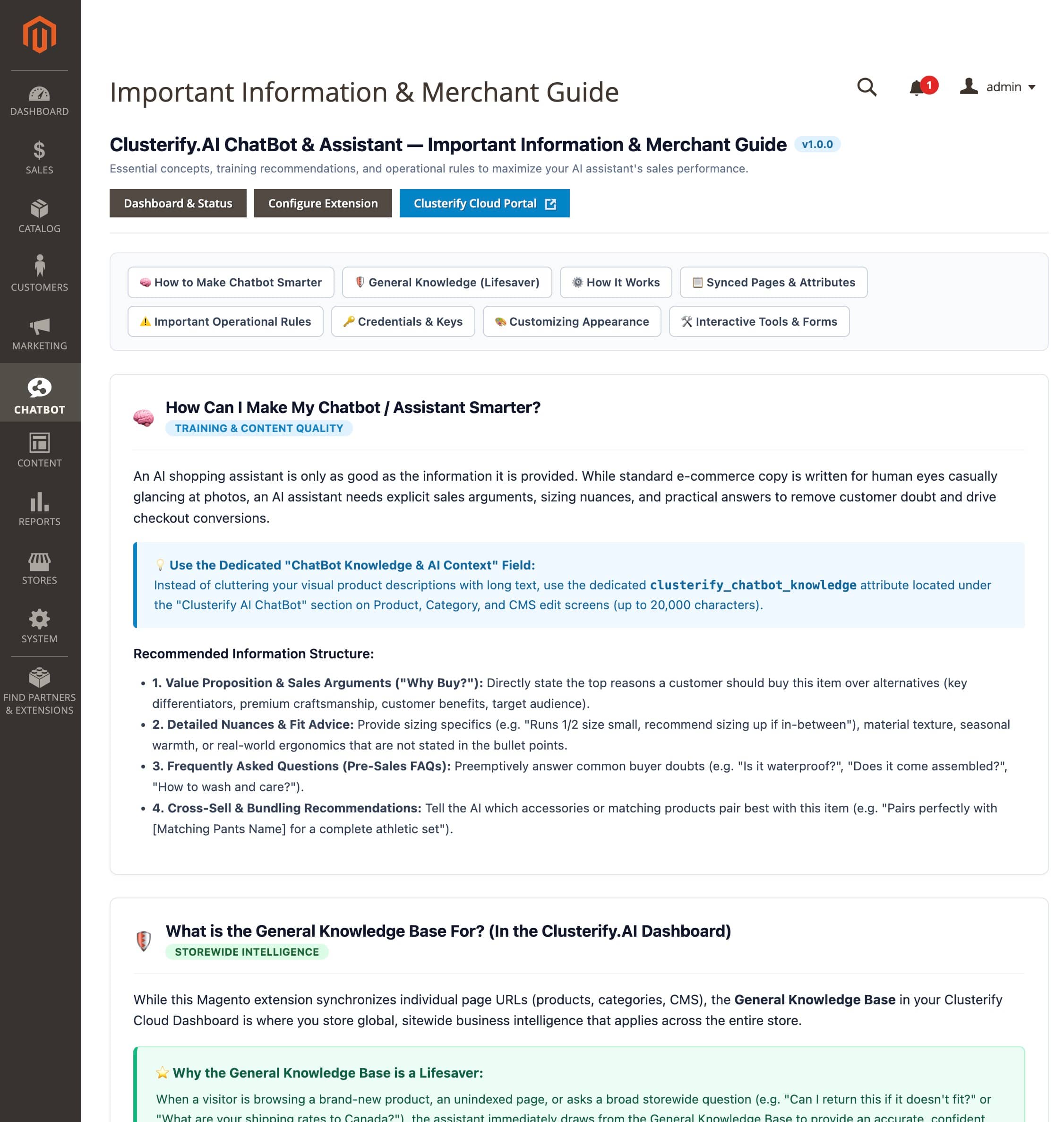 Important Information & Merchant Guide inside Magento 2 Chatbot Extension Admin showing How Can I Make My Chatbot Smarter and General Knowledge Base guide